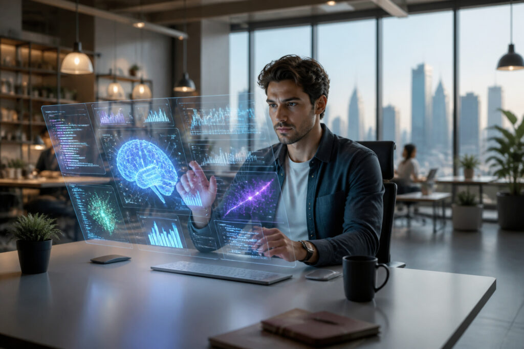 Professionnel interagissant avec un hologramme ia