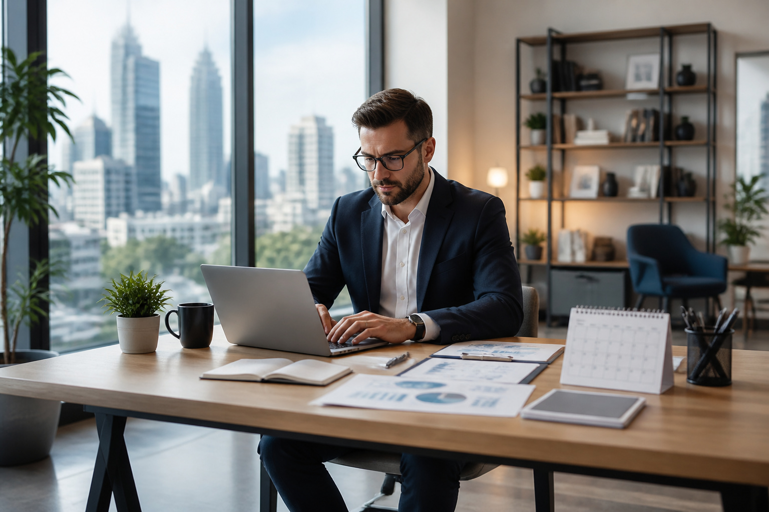 Homme daffaires concentre dans un bureau moderne