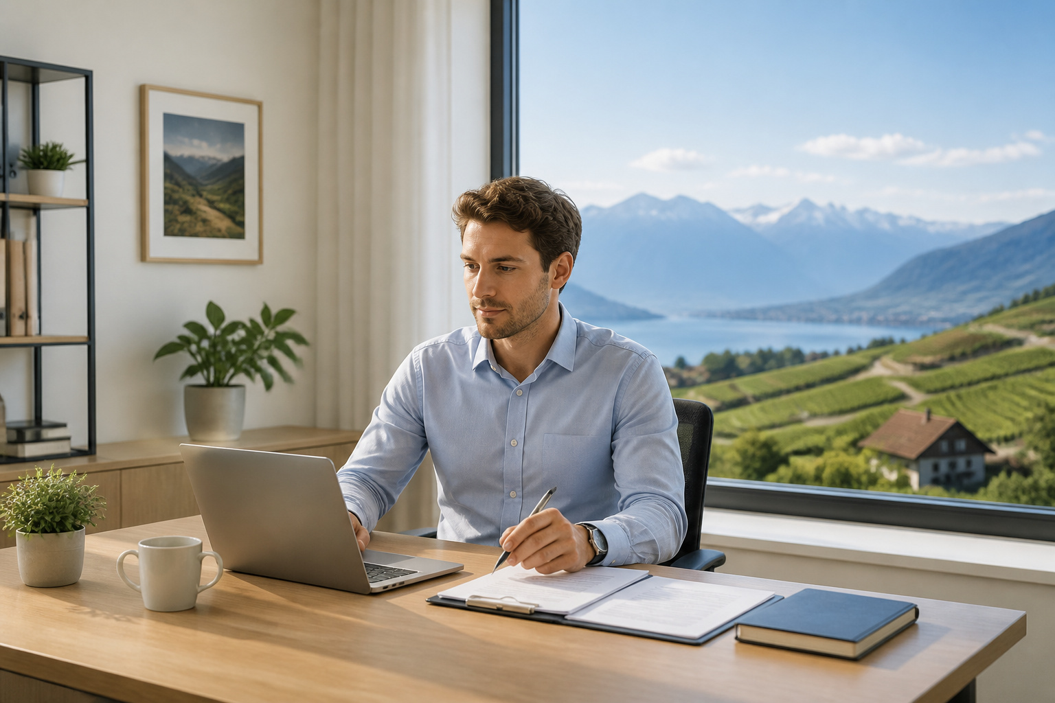 Homme daffaires concentre au bureau avec vue