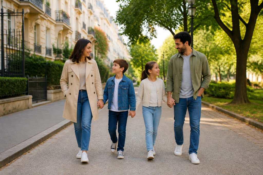 Famille souriante en promenade dans un parc