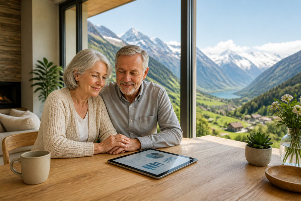 Couple age profitant de la vue et de la planification financiere