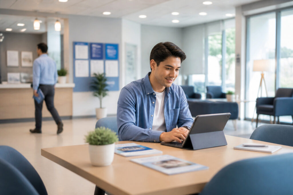 Jeune homme travaillant sur tablette dans un bureau