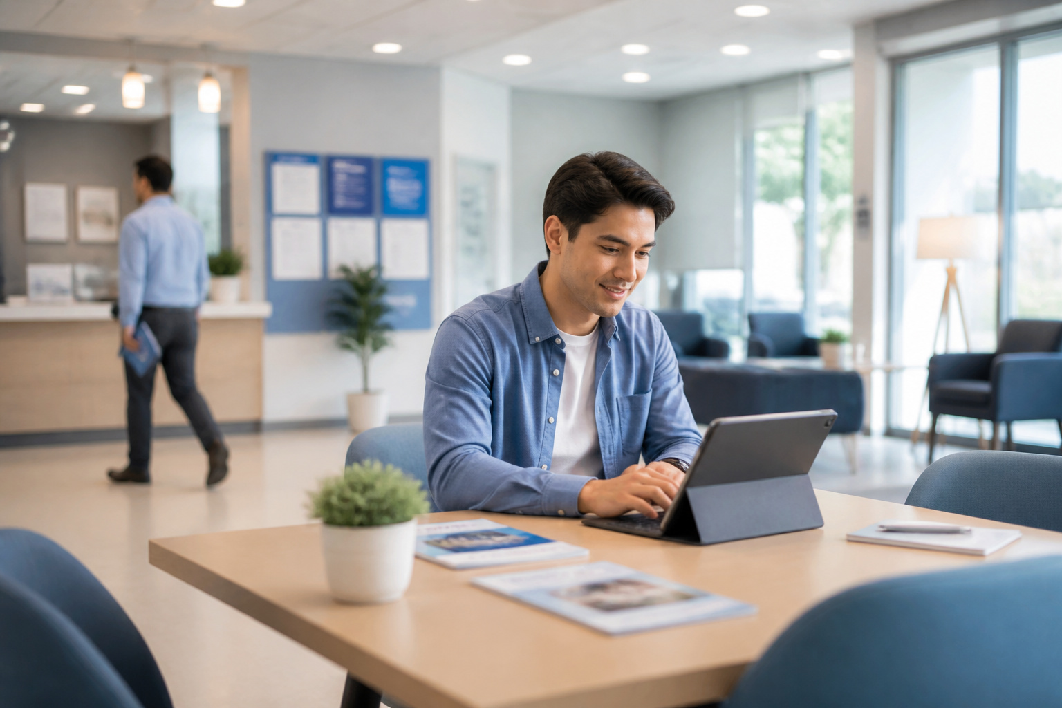 Jeune homme travaillant sur tablette dans un bureau