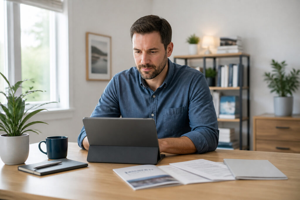 Homme concentre sur sa tablette