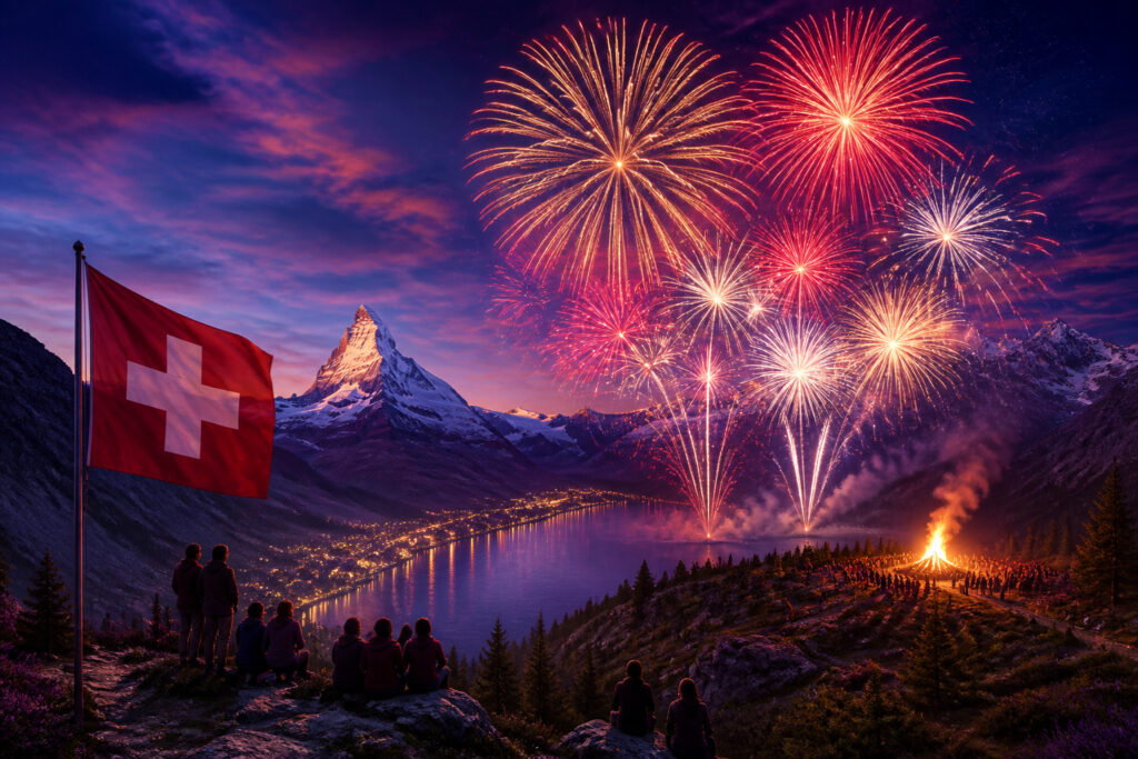 Fete nationale suisse feux dartifice sur les alpes