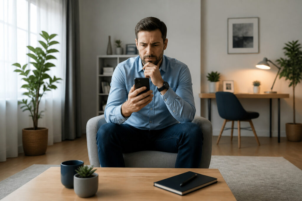 Homme pensif avec smartphone