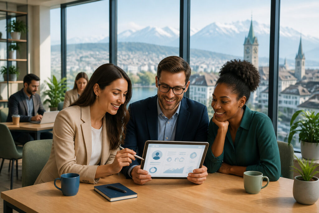 Collaboration professionnelle devant un paysage urbain suisse