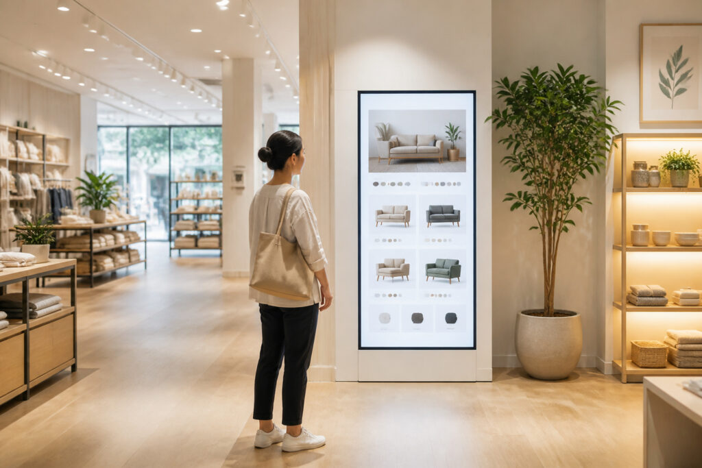 Client consultant par un ecran interactif en magasin